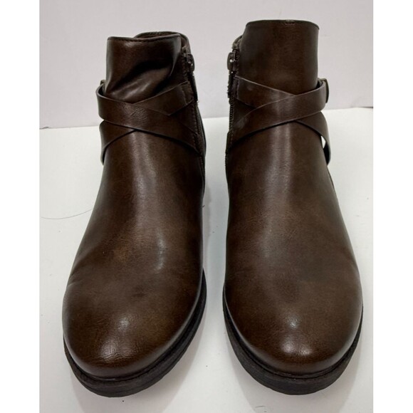 Baretraps Yadda Booties 8 Brown Ankle Boots Faux Leather Straps Low Heel Texture - Picture 2 of 9